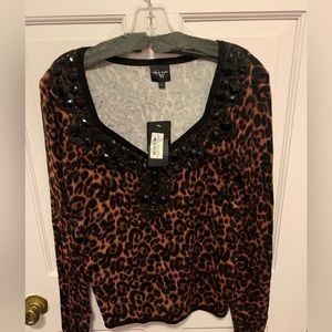 Color Works Animal Print sweater with black jet beads. Brown Combo -S
